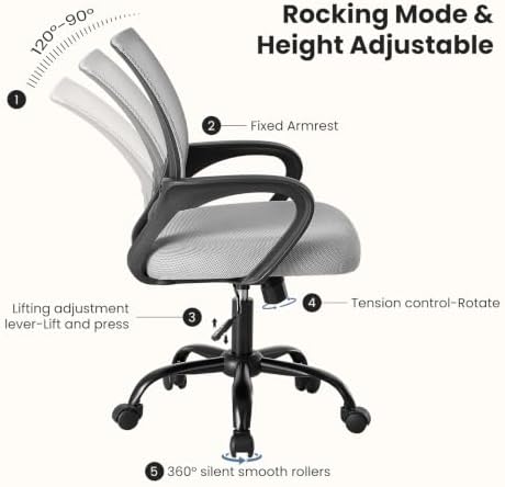 DUMOS Ergonomic Office Chair, Executive Desk Chair with Lumbar Support | Mid Back, Breathable Backrest, Fixed Armrest, Height Adjustable, 360° Swivel, Computer Gaming, Meeting, Grey - Image 4