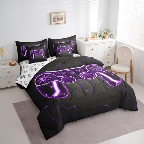 Feelyou Gamer Comforter Set with Sheets for Kids Boys Teens Game Controller Bed in a Bag Gaming Gifts 7 Piece Bedding Set Full Size for All Season,Purple Bed Set - Image 2
