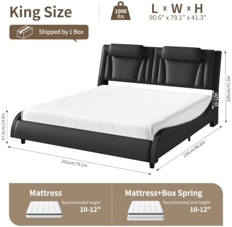 Keyluv King LED Upholstered Bed Frame with Adjustable Headboard, Black - Image 2