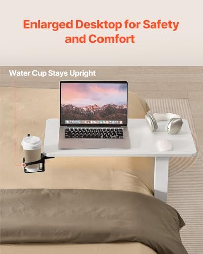 VEVOR Overbed Table, Over Bed Table with Wheels Adjustable Height, Mobile Hospital Bed Table, Rolling Laptop Desk with Fixed Top & Cup Holder, Portable Over Bed Desk for Home, Office, Study, White - Image 5