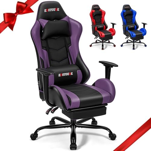 ECOTOUGE Violet Ergonomic PC Massage Gaming Chair with Footrest | Reclining Racing PU Leather, Swivel Rocker, Headrest, Lumbar Pillow, Office Desk Chair, Adjustable Height, Sturdy Base by ECOTOUGE