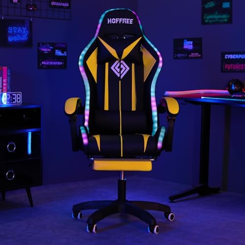 HOFFREE RGB Gaming Chair with Speakers Massage LED Lights Game Chair-Yellow | Bluetooth Computer Gaming Chair with Footrest Video Game Chair for Adults Ergonomic High Back Gamer Chair with Lumbar Support - Image 4