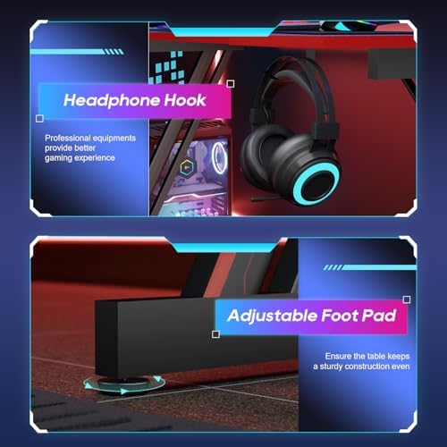 BestOffice Gaming Desk Z Shaped 47 inch PC Computer Desk Computer Workstation Ergonomic Gaming Table with Headphone Hook for Game Players, Black&Red - Image 5