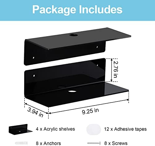 9 Inch Acrylic Floating Shelf No Drill Adhesive Wall Shelf Set of 4 for Funko Pop Storage, Floating Shelves Damage-Free Expand Wall Space for Living Room, Bathroom, Gaming Room, Office - Black - Image 3