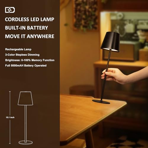 Kakanuo Cordless Table Lamp, 3 Color Stepless Dimming, 5000mAh Rechargeable Battery Powered, Outdoor LED Lamps, for Dining Room, Living Room, Bedroom, Bar, Cafe, Restaurant, Patio, Camping - Black - Image 5
