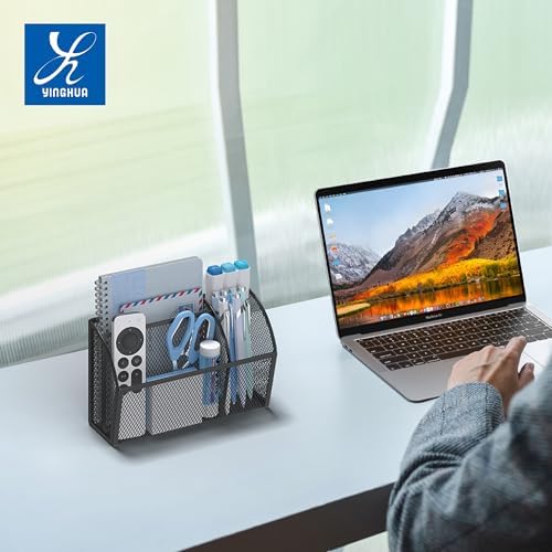 YINGHUA 3 Compartment Magnetic Metal Mesh Pen Holder, Black Desk Caddy - Image 6