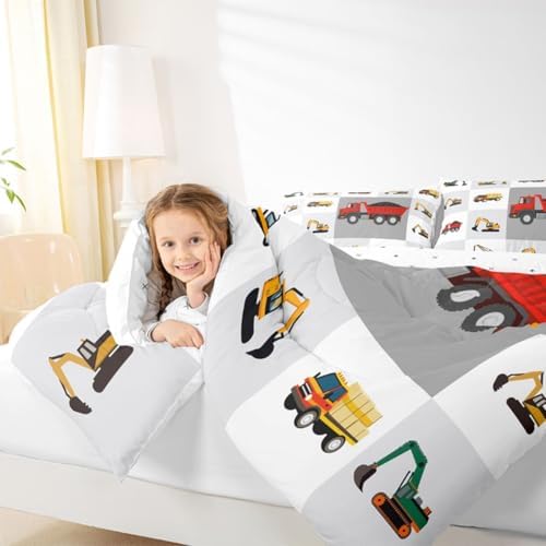 Boys Red Construction Bedding Set Cartoon Excavator Comforter Set for Kids Boys Tractor Truck Car Duvet Set Vehicles Comforter 1 Comforter Set with 2 Pillowcases Full Size Boys - Image 7
