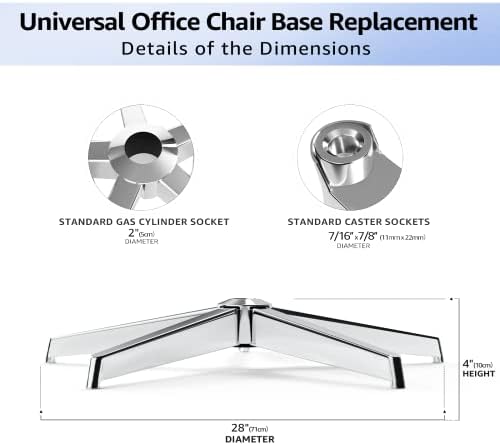 MASTERY MART 28 Inch Office Chair Base, Heavy Duty 2400 Lbs, Reinforced Metal Desk Chair Replacement, Universal Gas Cylinder Hole Caster Socket, Silver - Image 3
