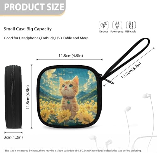 Cat Sunflower Earbuds Case Portable Earbuds Carrying Case, Portable Earphone Bags Phone Accessories Organizer with Handle for Earphone, in-Ear Headphones, Earbud - Image 5