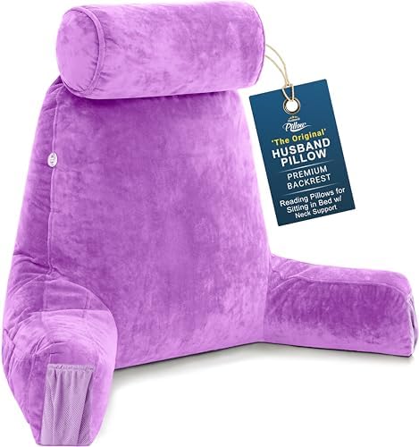Husband Pillow Medium Reading Pillow with Arms - 23" Backrest for Sitting Up in Bed - Firm Support Bed Rest Pillow for Adults, Neck Roll, Removable Cover - TV, Reading, Lounging - Light Purple by HusbandPillow