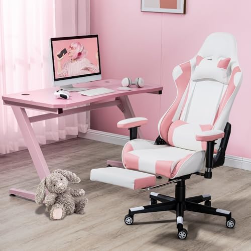 ECOTOUGE Pink-White Ergonomic High Back PC Gaming Chair with Footrest | Reclining Racing PU Leather, Adjustable Height, 360° Swivel, Sturdy Base, Headrest, Lumbar Pillow, for Girls, Women, Office by ECOTOUGE