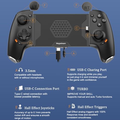 Megadream Phone Controller for iPhone 17/iPhone 16/iPhone 15/Android USB C Mobile Gaming Controller with 3.5mm Audio Jack, Remote Player Gamepad for PS5/PS4/Xbox/PC, Cloud Game, Plug and Play, Hall Joysticks/Hall Trigger, 2 Mappable Buttons - Image 4