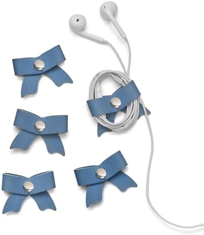 SenseAGE 5 Pack Cord Organizer, Bow Cord Keeper, Cable Organizer USB Holder, Leather Cable Management, Cable Straps, Earphone Winder, Storage Straps for Electronics, Earbuds, Small, Random Blue by SenseAGE