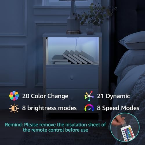 BOLUO Nightstand with Charging Station, LED Night Stand with 2 Fabric Drawers, Bedside Table with USB Ports and Outlets, Nightstand for Bedroom Modern - Image 7