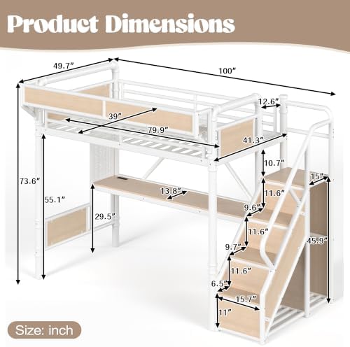 KEIKI Twin XL Size Metal Loft Bed Frame with Storage Staircase, Desk, White - Image 2