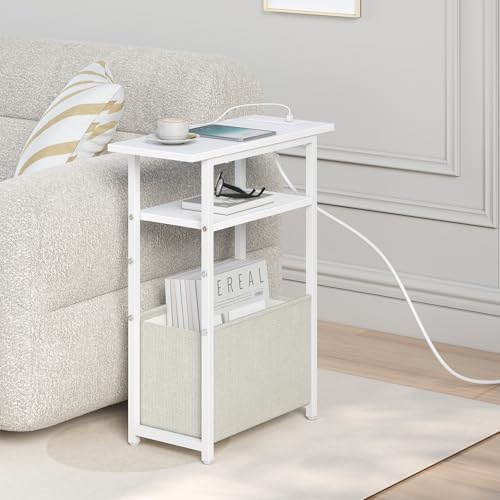 sthmec Narrow Side Table with Charging Station, Small End Table for Small Spaces, Skinny Nightstands with Storage Basket, 3 Tier Sofa Couch Bedside Tables for Living Room,Bedroom, White - Image 4