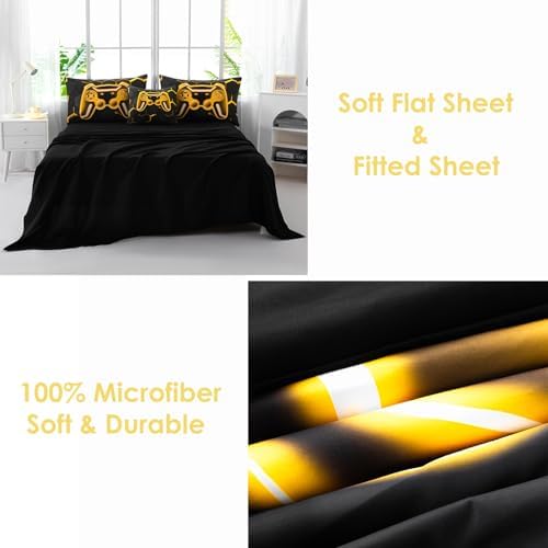 Queen Comforter Set with Sheets, 6Pcs Black and Gold Gaming Bedding Set for Boys, 3D Game Console Bed in A Bag, Gamepad Print Teen Boy Bedding for Bedroom (Gold, Queen) - Image 6