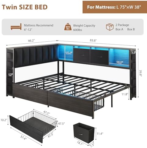 MapleGrace Twin Corner Bed Frame with Upholstered Storage Headboard and Drawers, Metal Platform Bed Frame with LED Light and Charging Station, Twin Daybed for Living Room, Bedroom & Guest Room, Black - Image 2