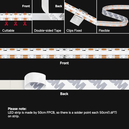 BTF-LIGHTING FCOB COB WS2812B IC RGB LED Strip DC5V 9.8FT 480LED 10mm IP30 - Image 5