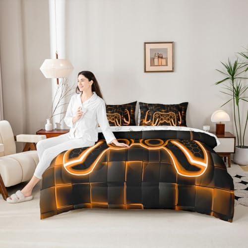 Feelyou Kids Gamer King Comforter Set with Sheets 7 Piece Orange and Black Bedding Set for Boys Teens Decor Gaming Ombre Bed in a Bag Geometric Square Bed Set - Image 6