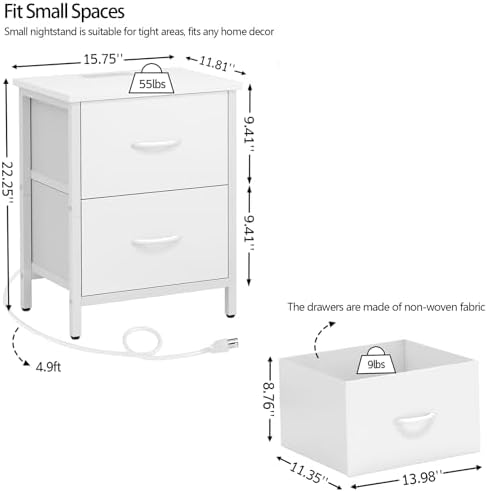 Vagusicc Nightstand with Charging Station, Bedside Table with USB Ports and Outlet, End Table Side Table with 2 Fabric Drawers for Bedroom, Living Room, White - Image 3