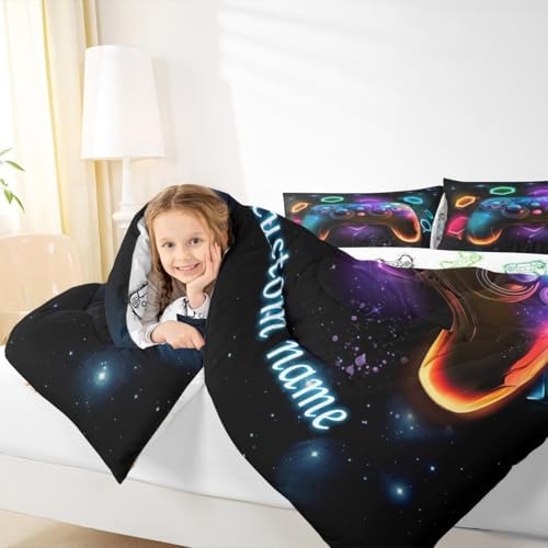 Custom Name Game Consoles Toddler Bedding Sets Gamer Gifts,Customized Gaming Comforter Sets for Boys Space Glow Geometric Kids Comforter Boys Red Green Blue Teal,Gaming Decor for Bedroom - Image 4