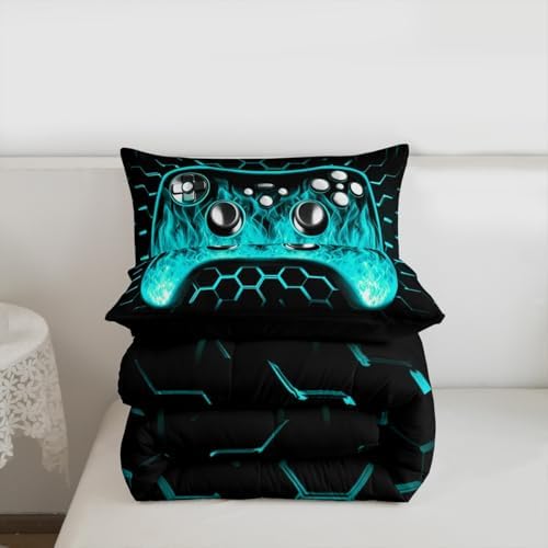 Erosebridal Ombre Art Honeycomb Gaming Consoles Bedding Set Teal Neon Lights Game Consoles King Size Comforter Set Geometry Hexagon Beehive Duvet Insert Gamer Room Decor for Boys - Image 7