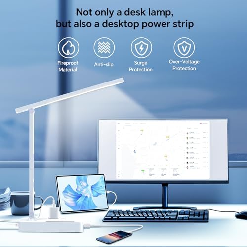 Desk Lamp with USB Charging Port: Table Lamp with Power Strip, Charging Station - 2 Outlets 1 USB-A Ports 1 Type-C Ports, Surge Protection, 5ft Extension Cord, 5 Color Modes 5 Brightness (White) - Image 7