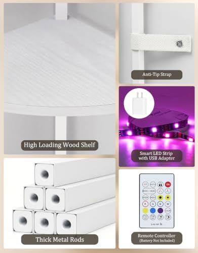 Corner Shelf with LED Light, 5 Tier Smart Color Changing Floor Lamp with Remote, 62" Display Shelf Bookshelf Narrow Storage Rack Standing Lamp for Living Room Bedroom Home Office Decor, White - Image 4