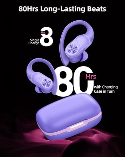 PocBuds Bluetooth Headphones Wireless Earbuds 80hrs Playtime Wireless Charging Case Digital Display Sports Ear buds with Earhook Deep Bass IPX7 Waterproof Over-Ear Earphones for TV Phone Laptop Purple - Image 2
