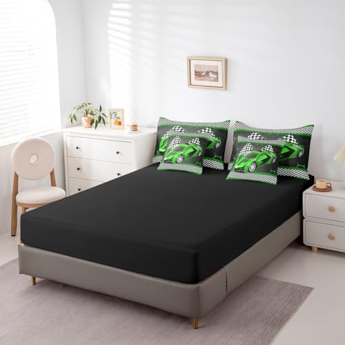 Feelyou Race Car King Comforter Set with Sheets for Kids Boys Black White Checkered Flag Print Bed in a Bag Extreme Sports Bedding Set 7 Piece Honeycomb Speed Sports Car Green Bed Set - Image 5