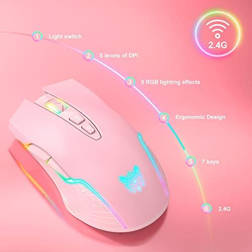 RGB Wireless Gaming Mouse, Pink, Rechargeable, Ergonomic Design, Adjustable DPI, Compatible with Windows, Mac - Image 2