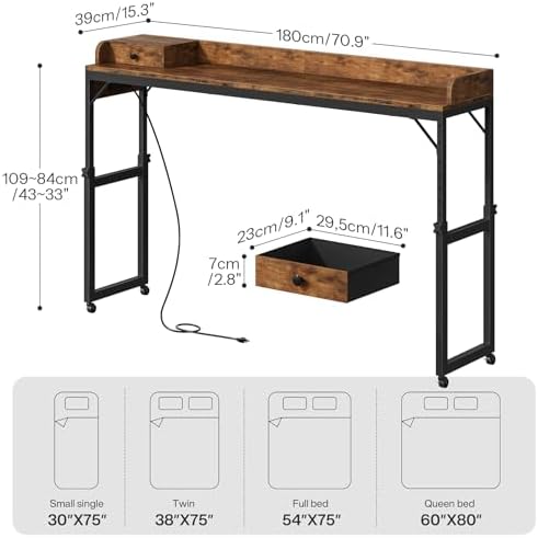 HOOBRO Overbed Table with Wheels, Rolling Table with Outlets & Light Strip for Queen Bed, Mobile Bed Desk & Drawer and Adjustable Height, Giant Computer Desk for Living Room, Rustic Brown BF180UDDN01 - Image 2