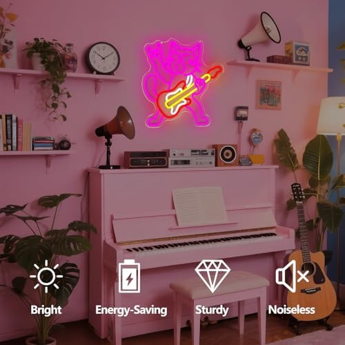 Cat Guitar Neon Signs for Wall Decor Dimmable Rock & Roll Kitty Neon Lights USB Cat Playing Guitar Led Sign Music Cats Neon Wall Decor for Bedroom Bar Studio - Image 2