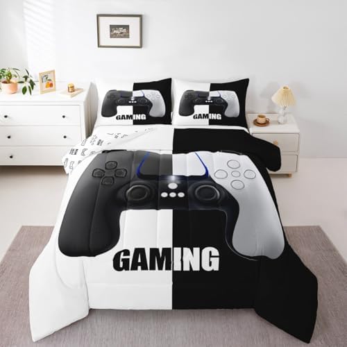 Feelyou Kids Video Games Comforter Set Gaming Reversible Bedding Set for Child Boys Girls Gamepad Comforter Modern Gamer Action Buttons White Black Design Quilt Set Bedroom Collection 3Pcs Queen Size - Image 4