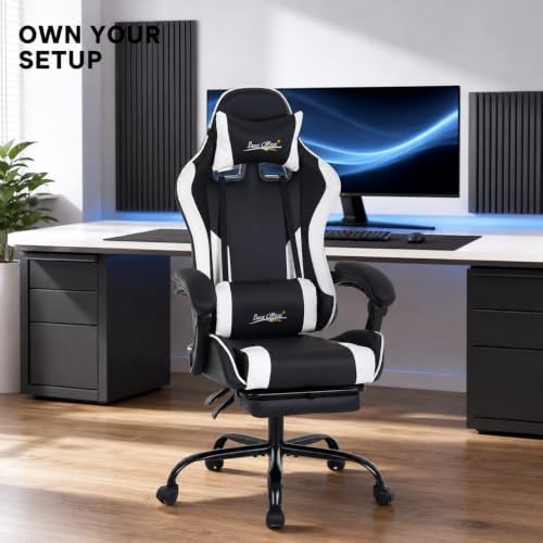 Gaming Chair Office Chair Desk Chair with Footrest Lumbar Support Headrest Armrest Task Rolling Swivel Ergonomic E-Sports Adjustable PC Gamer Chair (White) - Image 2