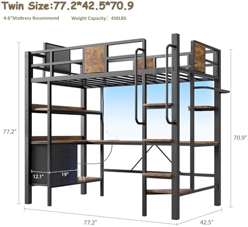 Garvee Twin Loft Bed with Desk and Stairs, Heavy Duty Loft Bed with RGB LED Lights, Charging Station, 3 Fabric Storage Drawers & 2 Open Shelves, No Box Spring Needed-Matte Black - Image 2