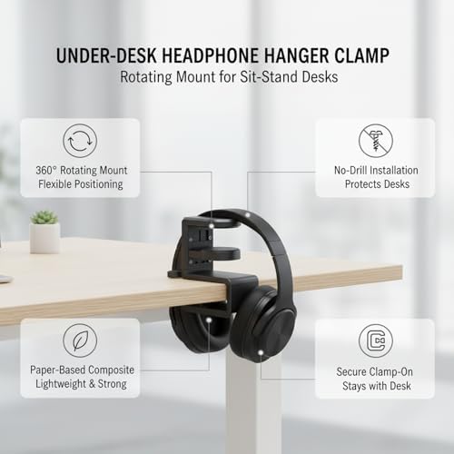 Under Desk Headphone Hanger Clamp, Rotating Mount for Sit-Stand Desks, No-Drill Installation, Paper-Based Composite (1 PC) - Image 5