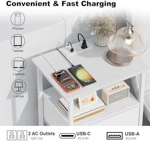 Side Table with Charging Station, Nightstand with Adjustable Fabric Drawer, Bedside Table for Bedrooms, Living Rooms & Home Decor (White) - Image 4