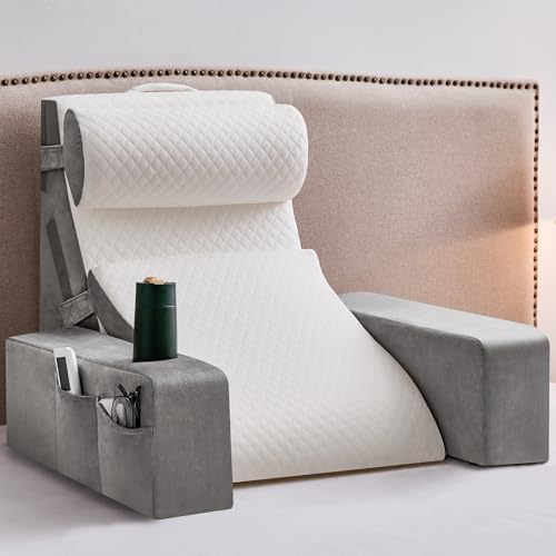 Reading Pillow for Sitting in Bed Adult, Back Pillow for Bed Sitting up with Arms, Pockets and Cup holder, Sit Up Backrest Pillows for Beds Chair Support, Rest Pillow for Gaming (Light gray, 5PCS) by Paxato