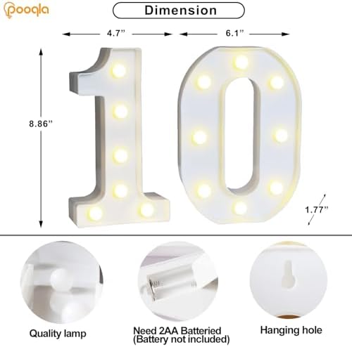 Pooqla 10th Birthday Decoration for Girls Boys, Decorative Marquee Numbers with Remote, Light Up 10 Sign for Party Backdrop 10th Wedding Anniversary Decor, Warm White and Cool White Number 10 - Image 5