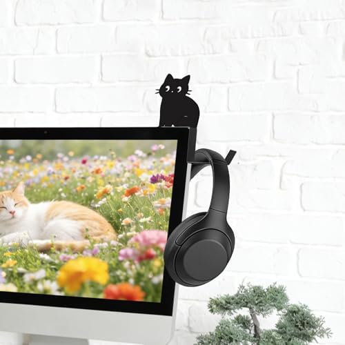 Metal Dog And Cat headphone holder for monitor, Sit cat, Black - Image 5