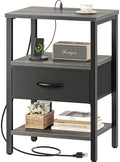 SUPERJARE Nightstand with Charging Station, Bed Side Table with Adjustable Fabric Drawer, Night Stand for Bedroom, 3-Tier Storage End Table, for Living Room, Charcoal Gray by SUPERJARE