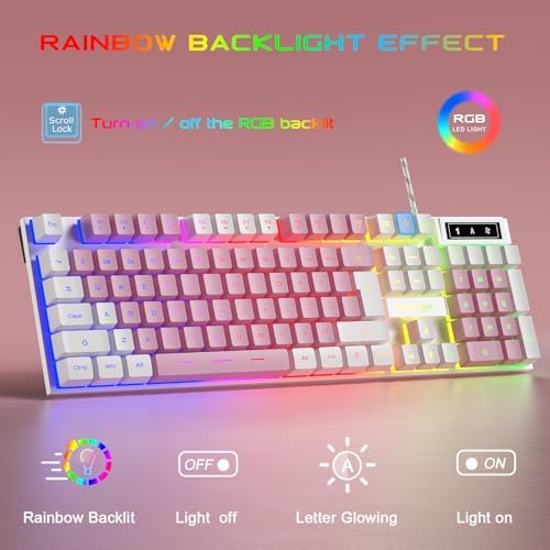 BlueFinger RGB Gaming Keyboard and Backlit Mouse and Headset Combo, USB Wired Backlit Keyboard, LED Gaming Mouse Set, Headset with Microphone for Laptop PC Computer Game and Work (White & Pink) - Image 2