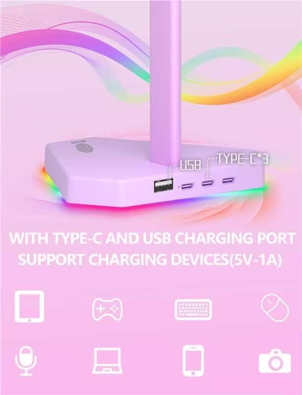 RGB Headphones Stand with 1 USB-C Data Transmission& 3 Type-C Charging Port, Desk Gaming Headset Holder with 7 Light Modes and Non-Slip Rubber Base (Purple) - Image 2