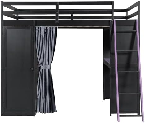 Merax Full Size Loft Bed with Desk and 6 Storage Shelves, Wardrobe, Blackout Curtain, Solid Wood Gaming Loft Bed Frame with USB Port & RGB Lights, No Box Spring Needed, Space-Saving, Black+Purple - Image 7