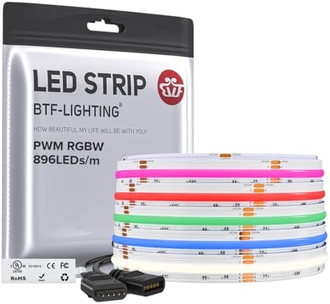 BTF-LIGHTING FCOB COB LED Strip Light,UL Listed RGBW 6000K 896LED/m High Density LED Tape Light,16.4FT DC24V 12mm Width Color Changing Light for Bedroom Home Indoor DIY Decor(No Adapter or Controller) by BTF-LIGHTING