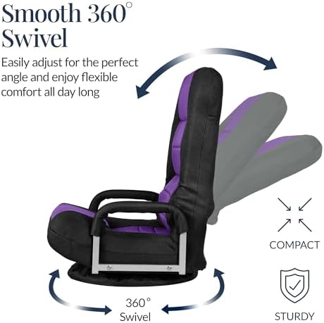Best Choice Products Swivel Gaming Chair 360 Degree Multipurpose Floor Chair Rocker for TV, Reading, Playing Video Games w/Lumbar Support, Armrest Handles, Adjustable Foldable Backrest - Black/Purple - Image 6
