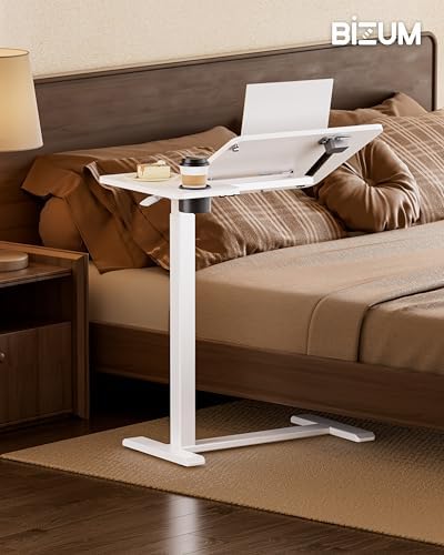 BZIUM Overbed Bedside Table with Hidden Wheels, Adjustable Medical Tilt Top Hospital Bed Table Over The Bed, Rolling Desk Mobile Standing Desk (27.6x15.8, White) - Image 2
