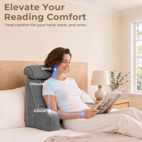 Reading Pillow for Bed with Detachable Neck Roll and Shredded Memory Foam, Back Pillow with Arms for Sitting Up, Washable Bed Rest Pillow with Side Pocket for Gaming, Sofa, Dorm - Light Gray - Image 3